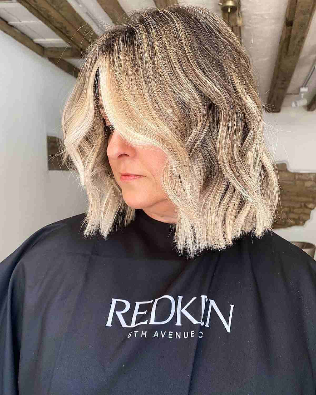 Beach Wavy Blunt Bob with Money Pieces for Older Women