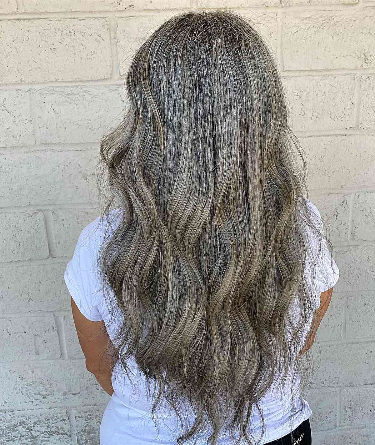 Long Brunette Balayage Hair on Natural Greys for Older Ladies