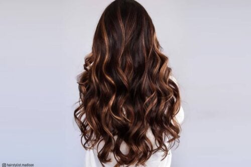 dark brown hair with caramel highlights