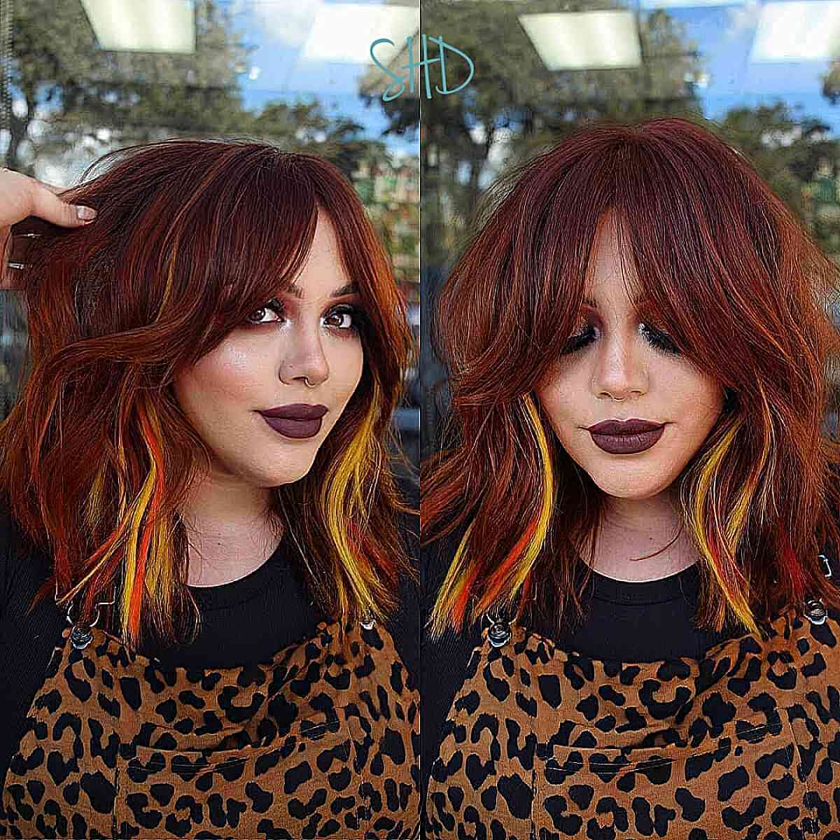 Dark Red Mid-Length Chop with Peek-a-Boo Curtain Bangs