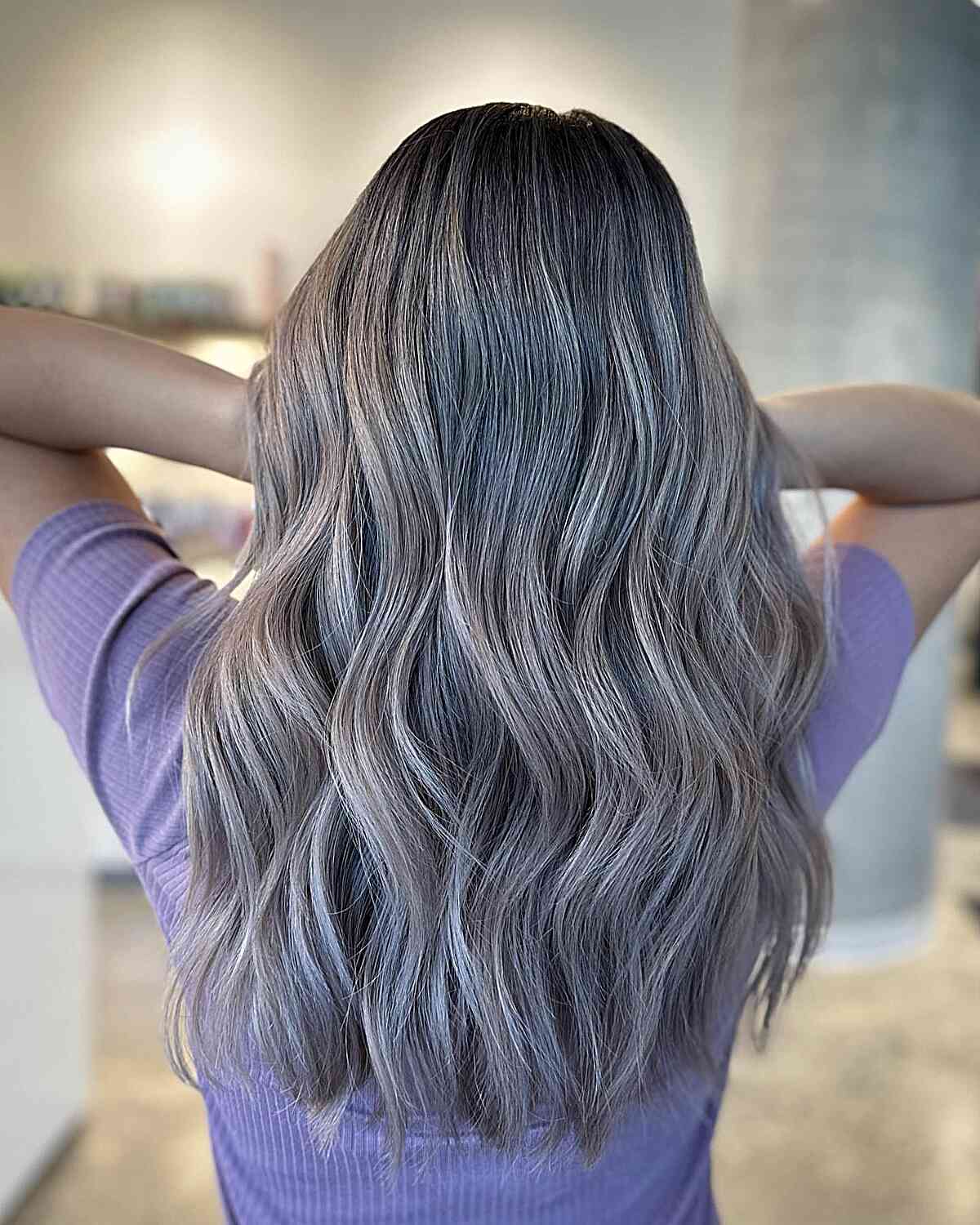 Dark-Rooted Ashy Silver Balayage Long Hair