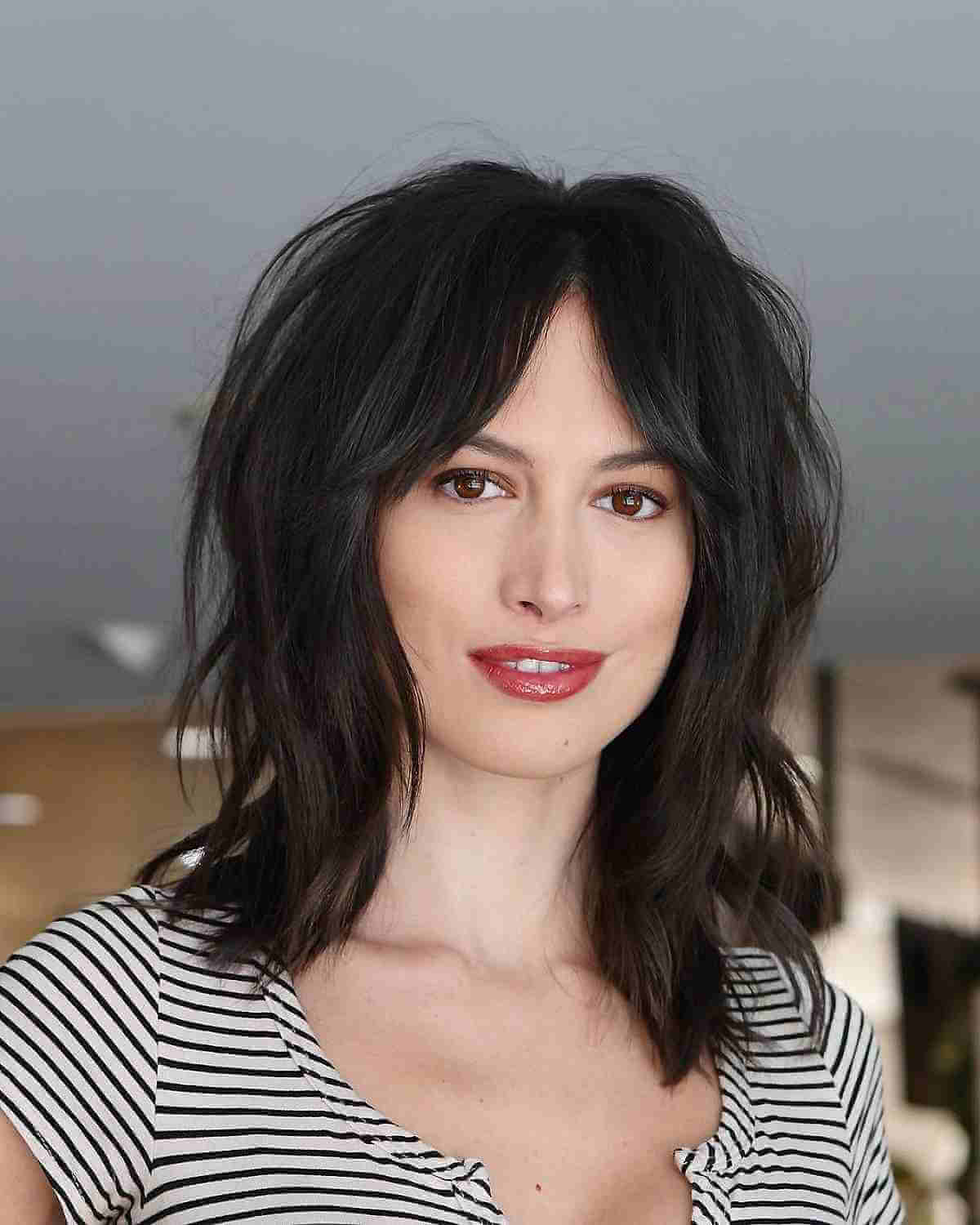 Prettiest Dark Shoulder-Length Hair with Curtain Bangs