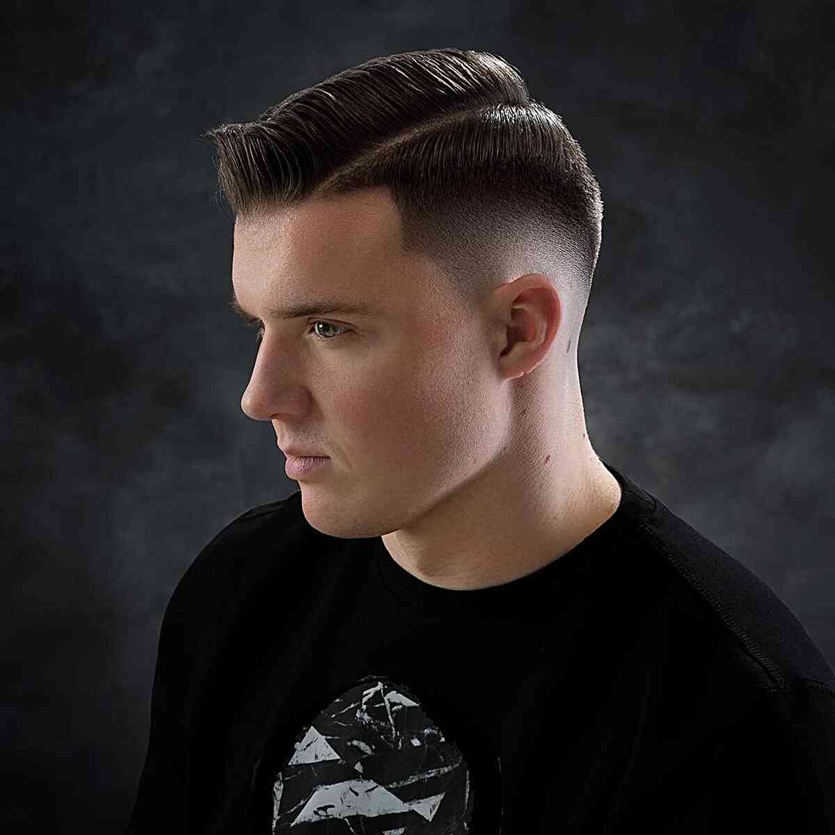 Deep Line Part Medium Hairstyle for Men