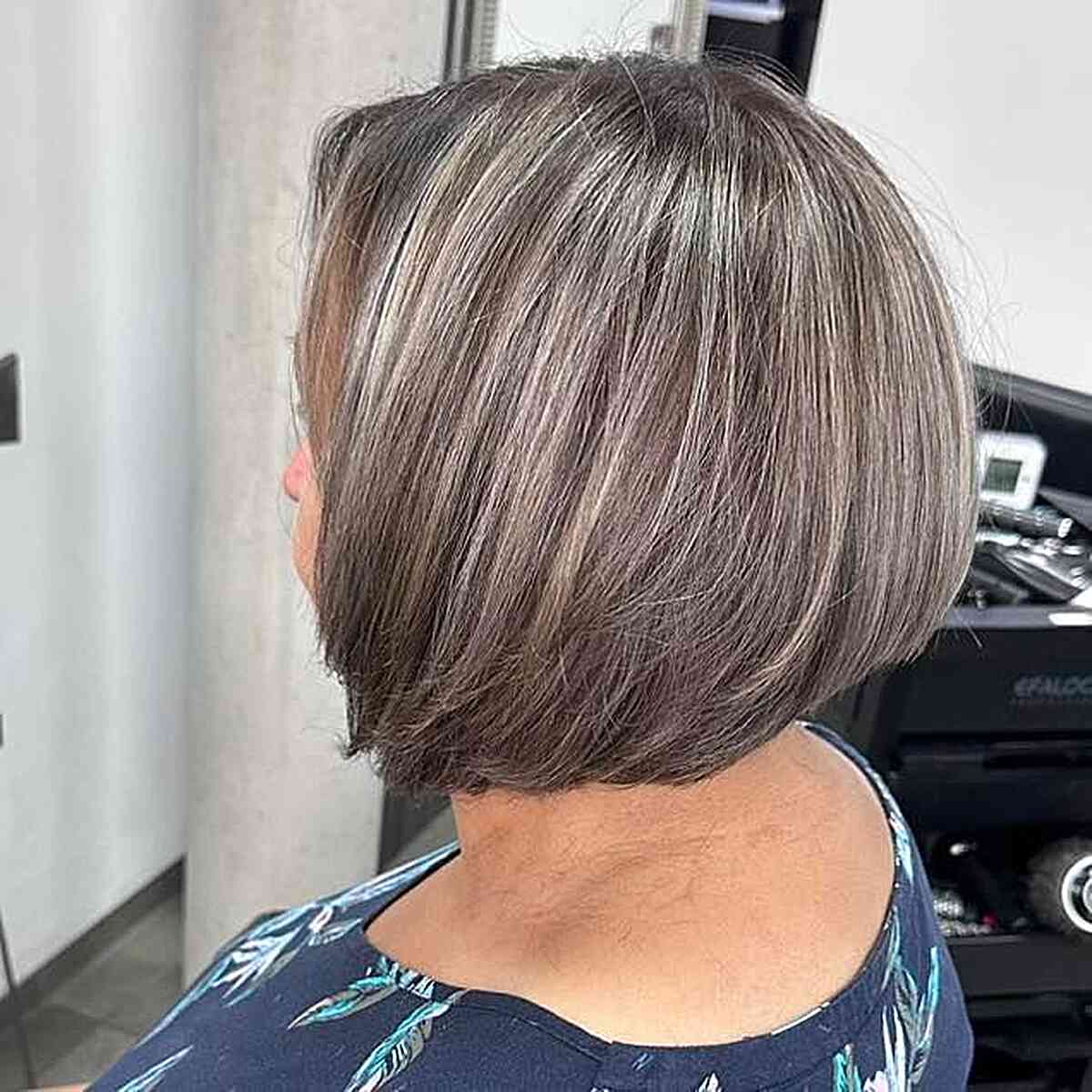 Dimensional Short Bob with Grey Highlights for Senior Women