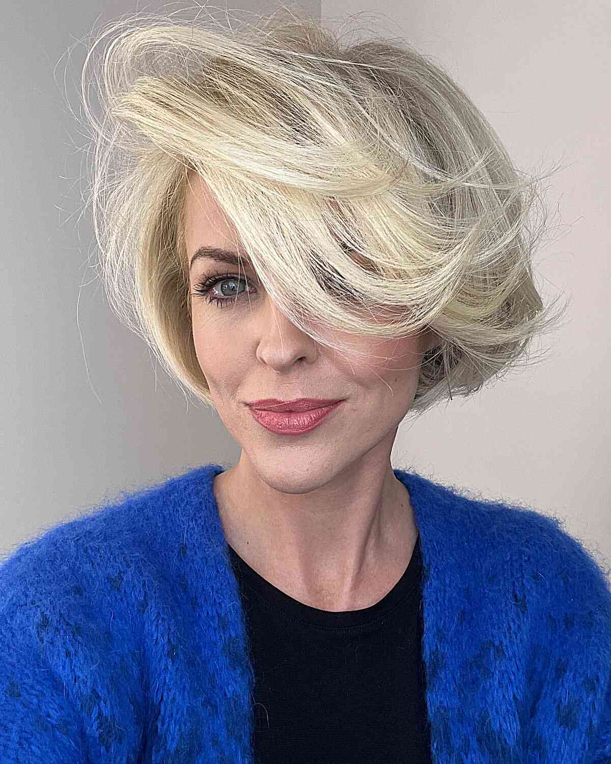 Disco Party Voluminous Side-Swept Shorter Bob with Long Bangs