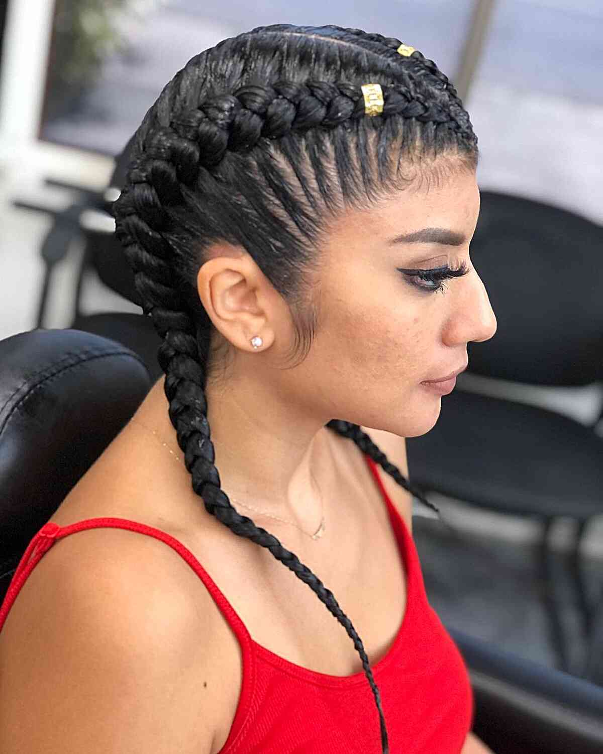 Medium-Length Double Dutch Braid Updo with Cuffs