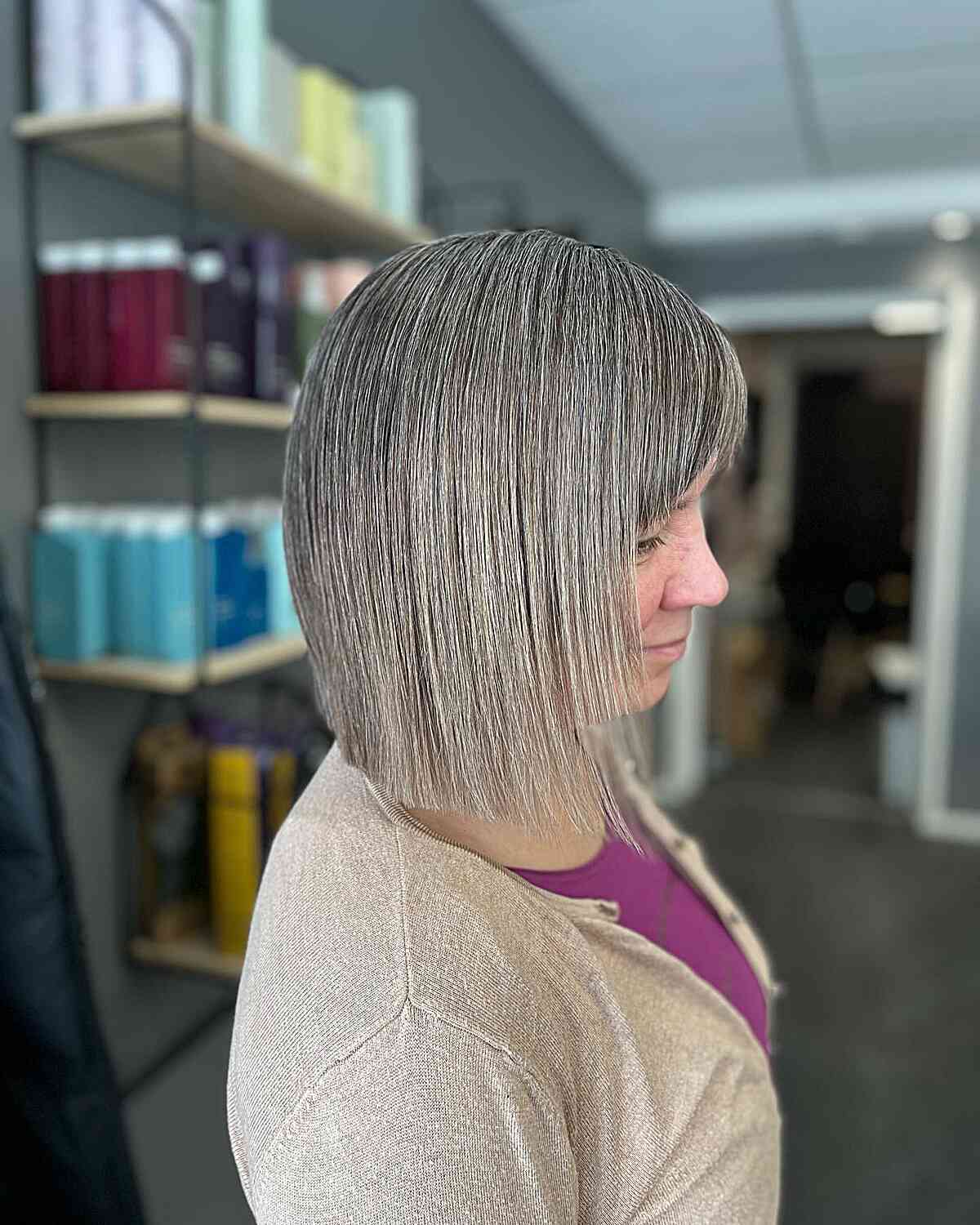 Dove Grey Long Blunt Bob with Bangs for Senior Ladies