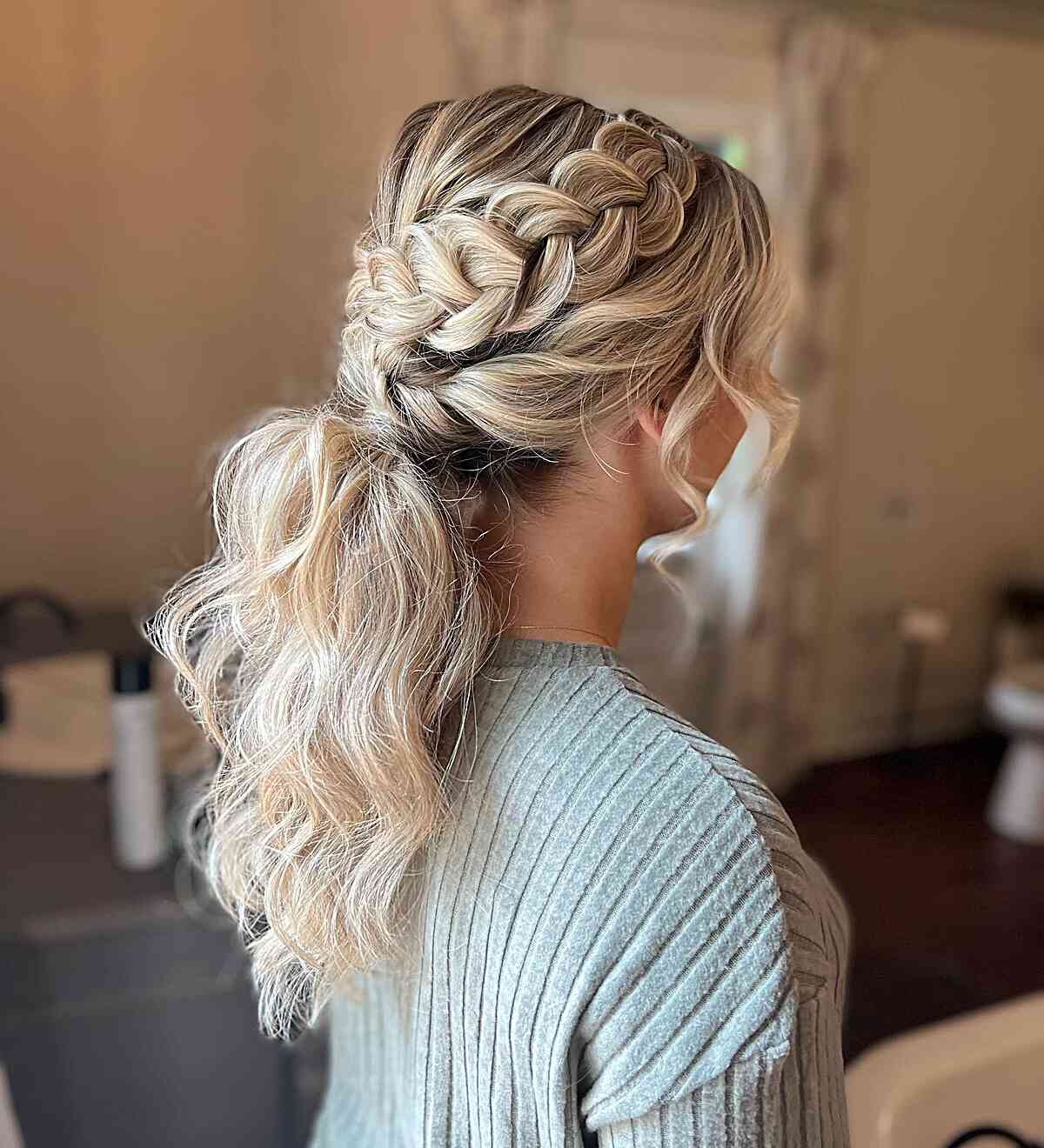 Dutch Crown Braid with Wavy Pony