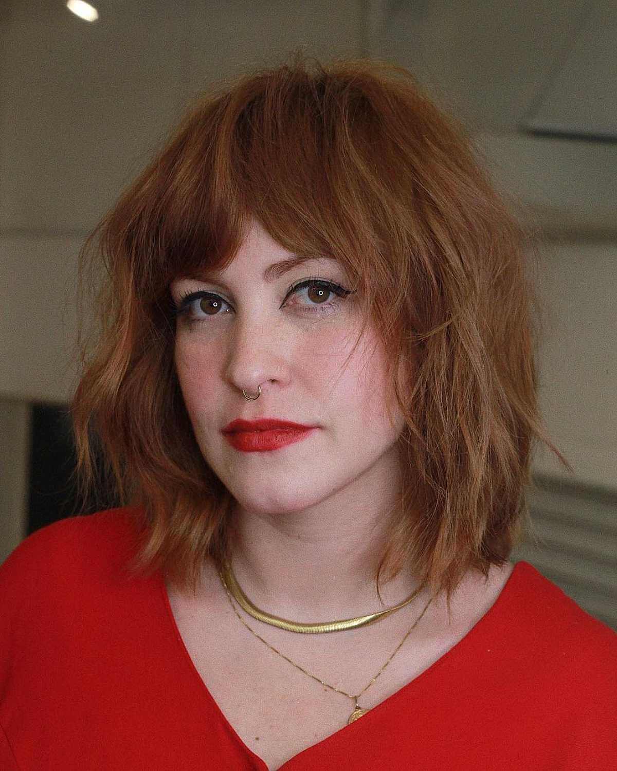 Light Brick Red Bob with Curtain Bangs