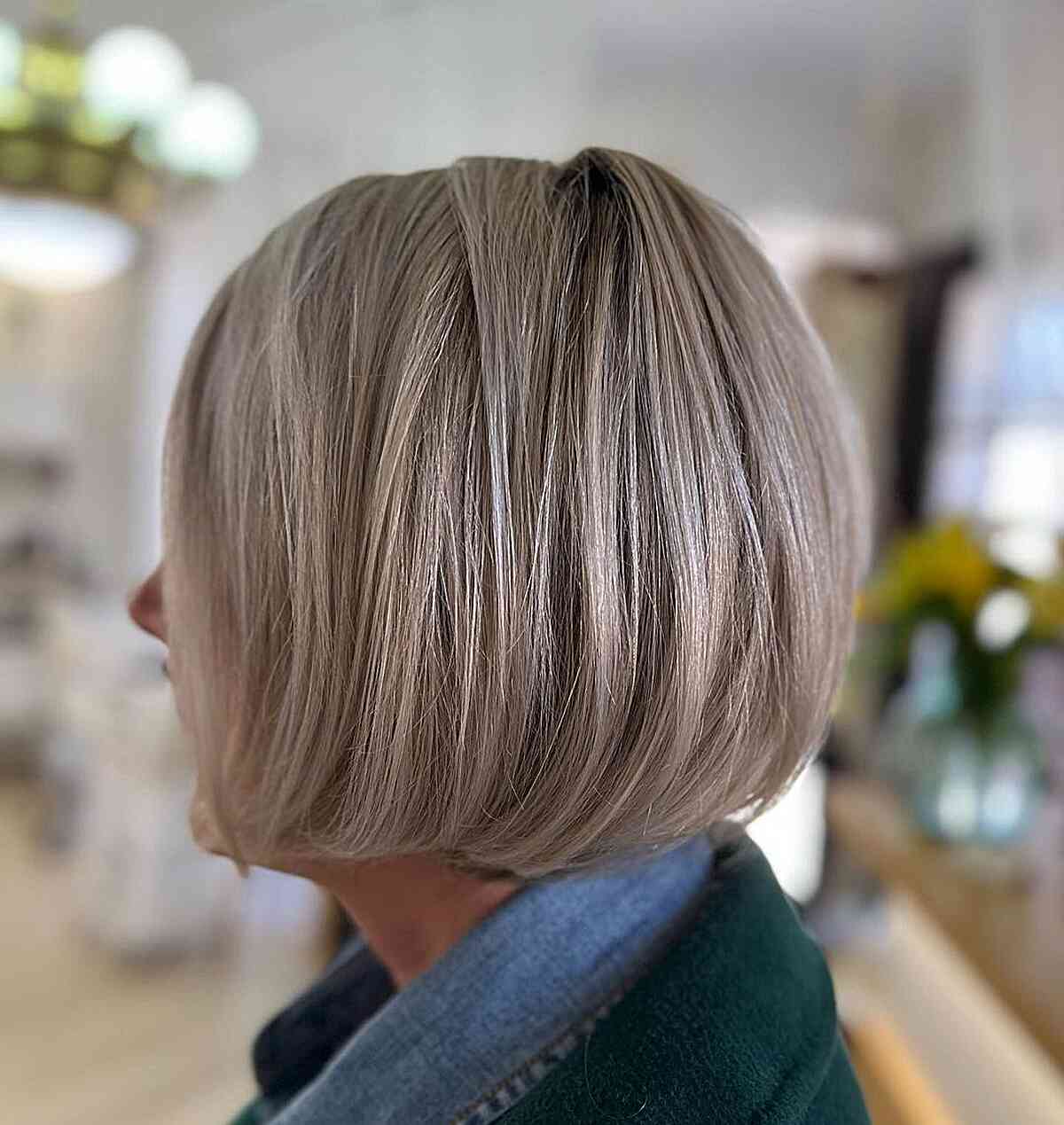 Low-Maintenance Grayish Ash Blonde Short Bob for Older Ladies