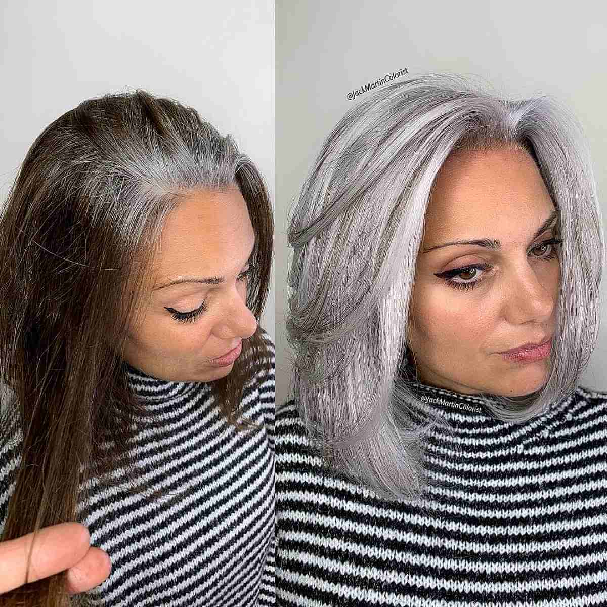 Low-Maintenance Lob Cut on Gray Hair for a Forty-Year-Old