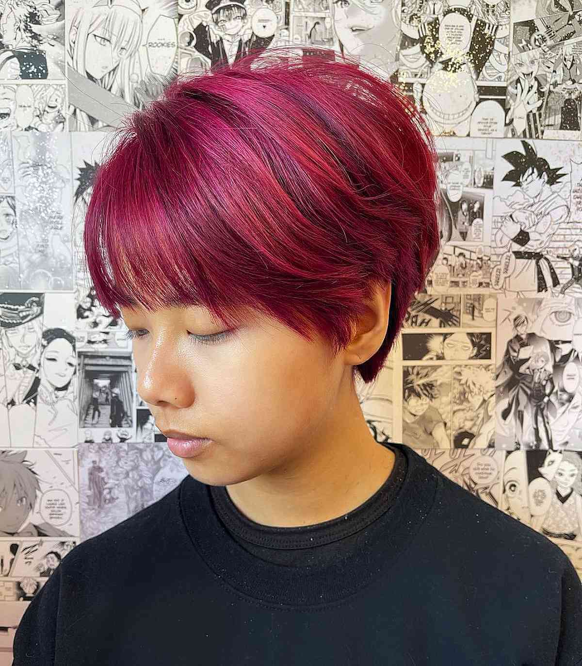 Magenta Ear-Length Pixie Bob on Straight Hair