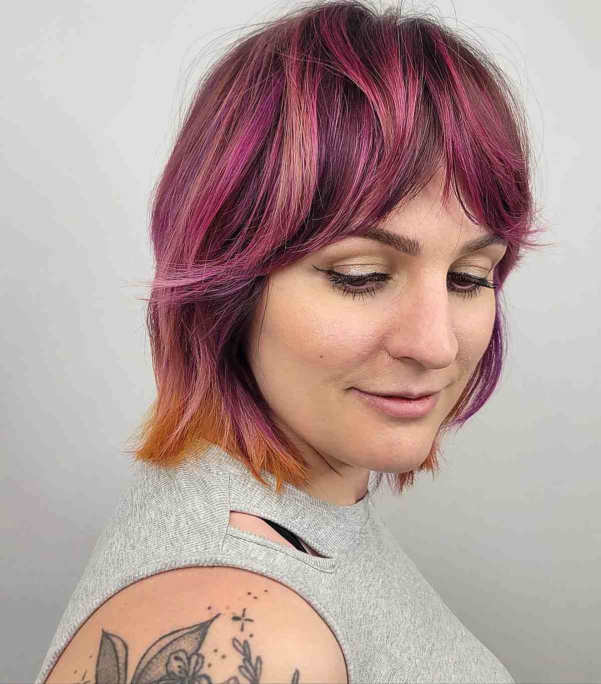 Magenta Wolf Cut Bob with Curtain Bangs