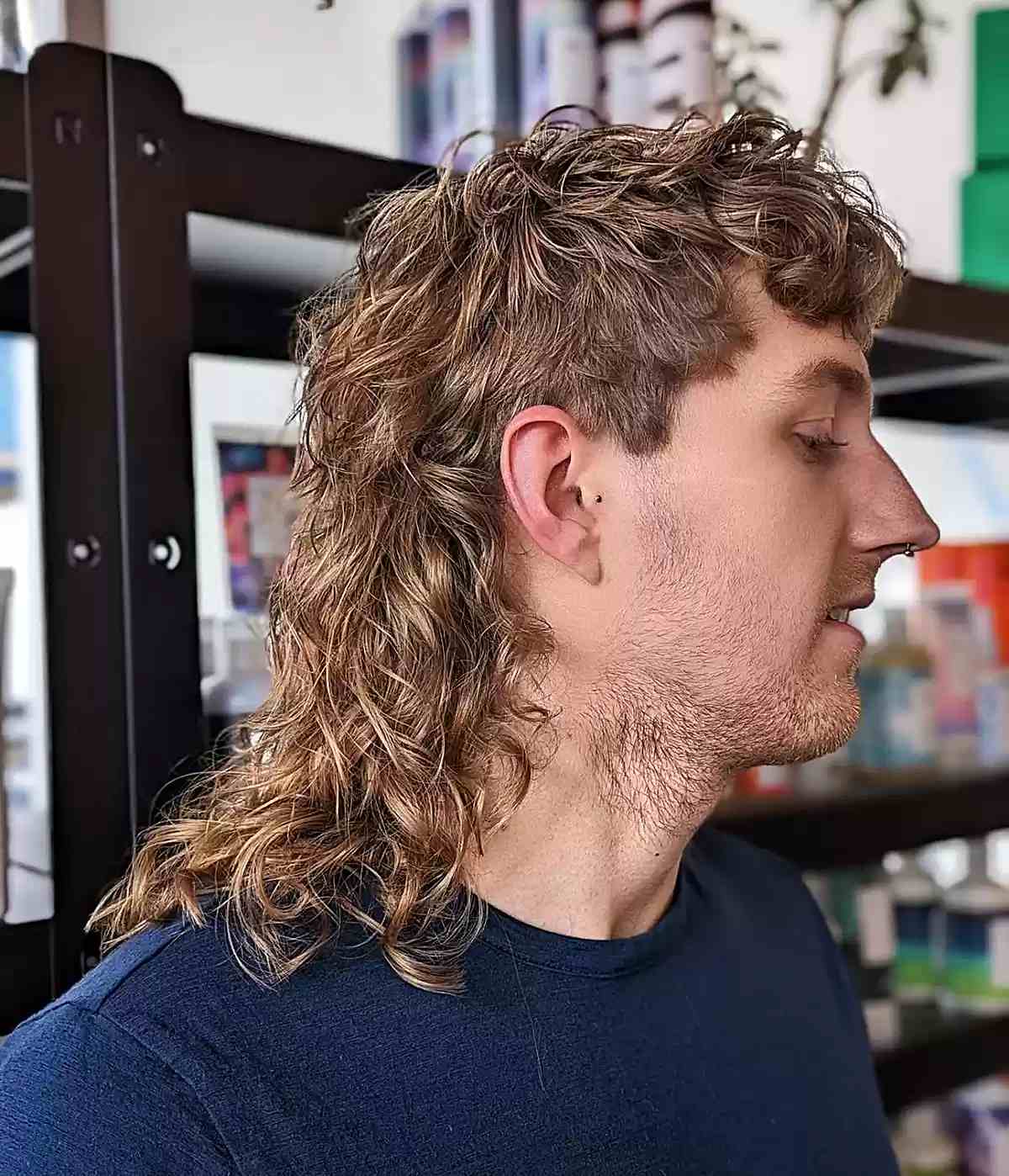 Shoulder-Length Retro Permed Mullet for Blonde Guys