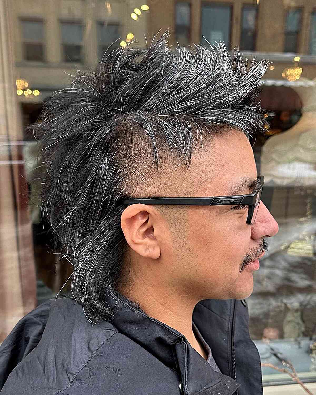 Salt and Pepper Spiky Mullet for Men with Medium-Length Hair