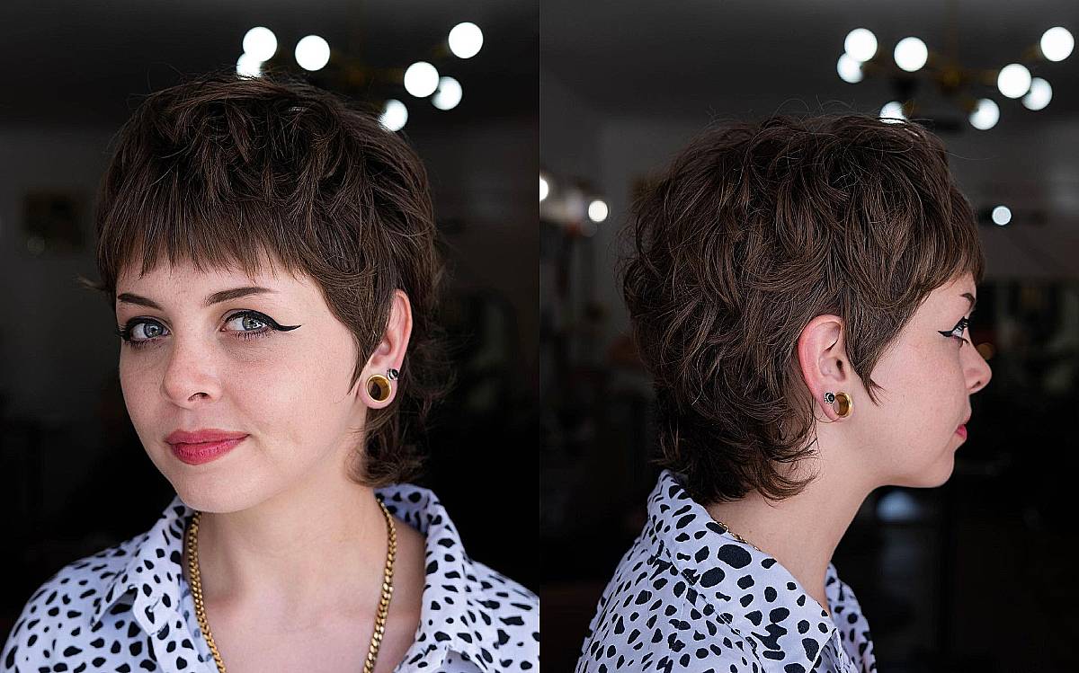 Short Brunette Shullet with Choppy Bangs