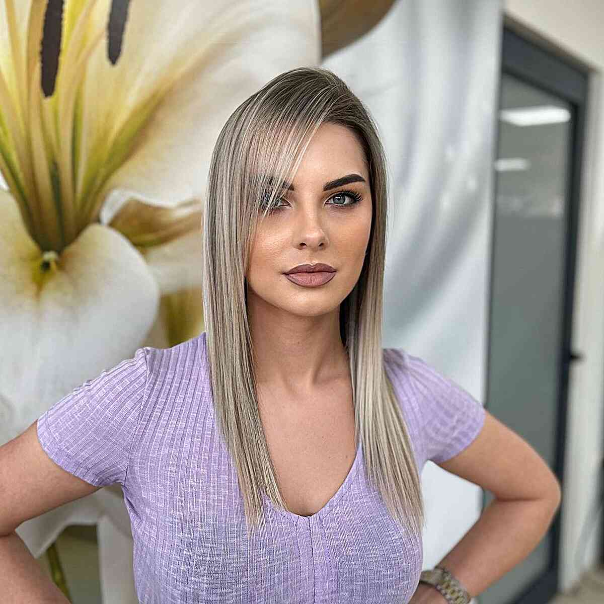 Sleek Ash-Blonde Long Fine Hair with Dark Roots