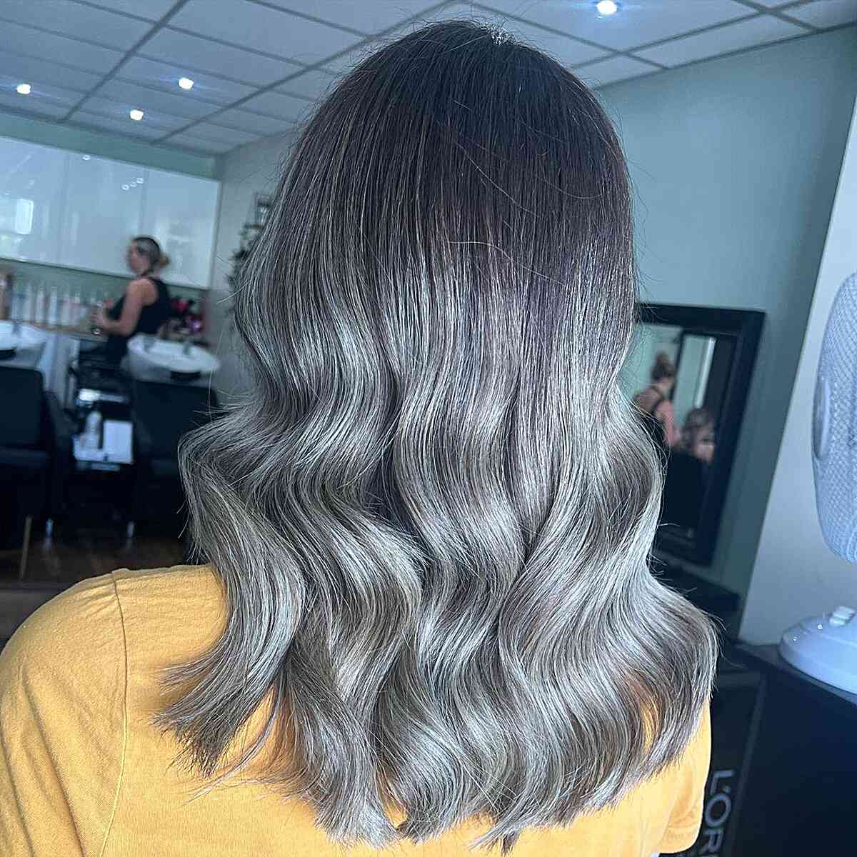 Low-Maintenance Smoky Silver Balayage on Medium Hair