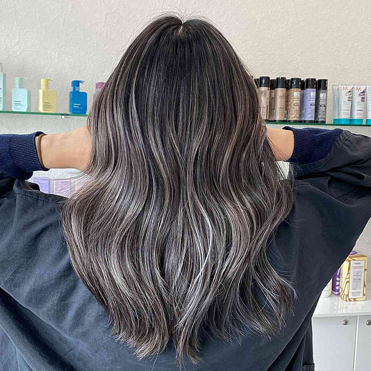 Subtle Silver Balayage Highlights on Medium Black Hair