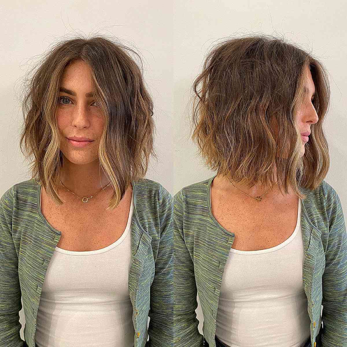 Textured blunt long bob lob for long faces