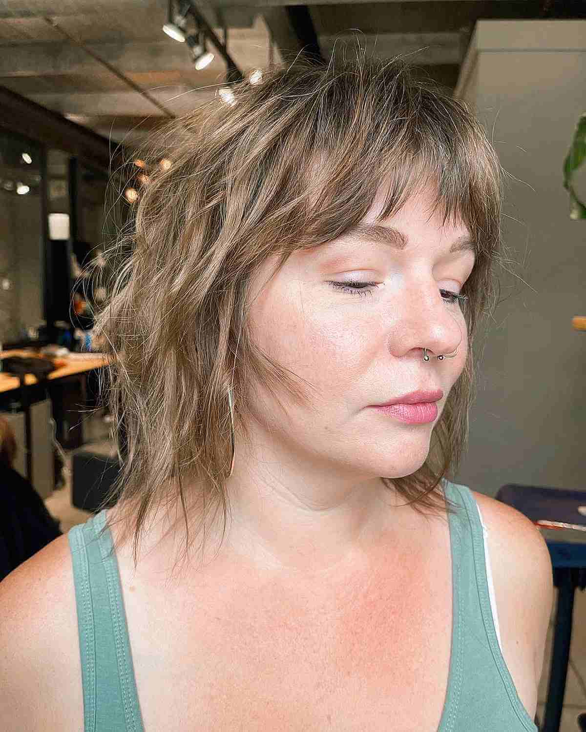 Undone Shaggy Bob with Short Bangs for Women at Their 40s