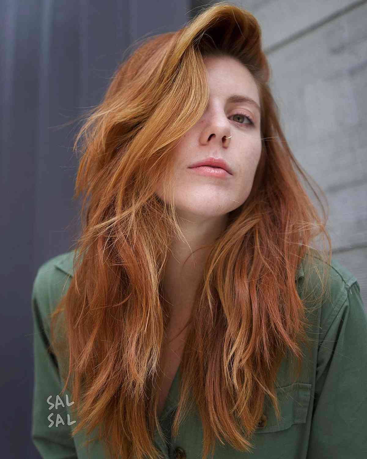 Voluminous Long Copper Choppy Hair